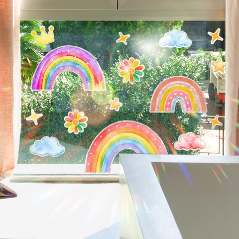 Adesivi Finestra Arcobaleno Statica PVC Acchiappasole Effetto Prisma Colorato Cartone Animato Nuvola Stella Vetro