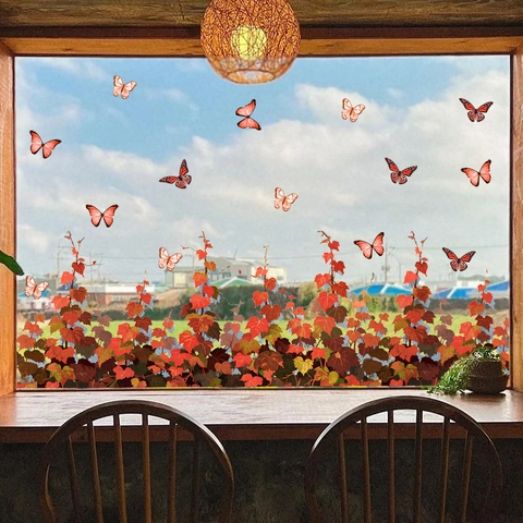 Pegatinas de Ventana de Otoño Ardilla Seta Hoja de Ginkgo Calcomanías Estáticas Mariposa Decoración de Vidrio para Hogar