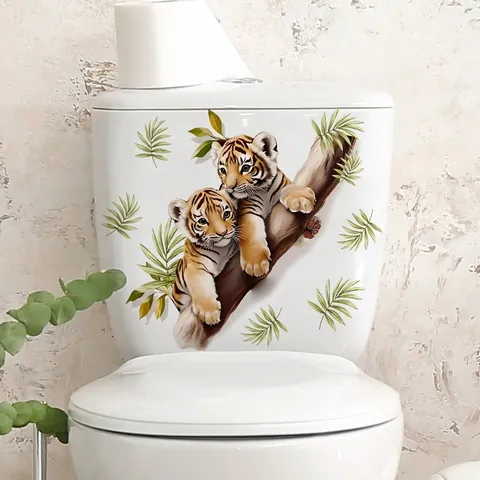 Cartoon Tiger Tree Branch Leaf Wall Sticker Waterproof PVC Removable Toilet Decal Bathroom Living Room Home Decoration Mural