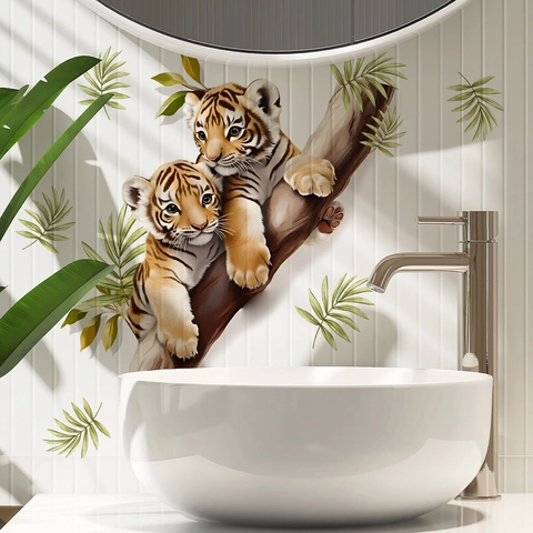 Cartoon Tiger Tree Branch Leaf Wall Sticker Waterproof PVC Removable Toilet Decal Bathroom Living Room Home Decoration Mural