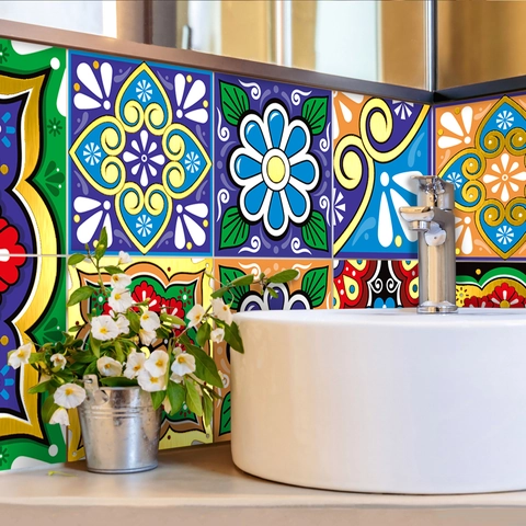 Stickers Carreaux Mandala PVC Imperméable Autocollant Texture Dorée En Relief Rétro Bohème Décoration Murale Maison