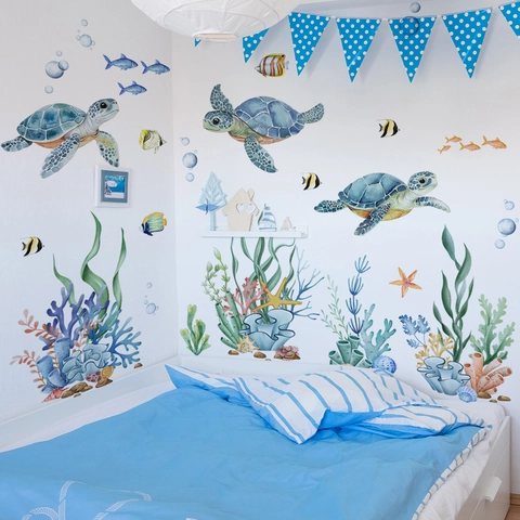Watercolor Ocean Theme Wall Stickers PVC Sea Turtle Tropical Fish Decals For Bathroom Kids Room Removable Waterproof Home Decor