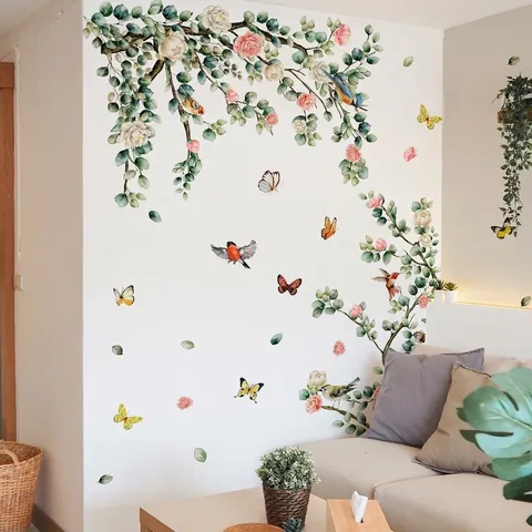 Wall Stickers PVC Removable Waterproof Watercolor Flower Bird Butterfly Tree Branch Home Decor Living Room Bedroom