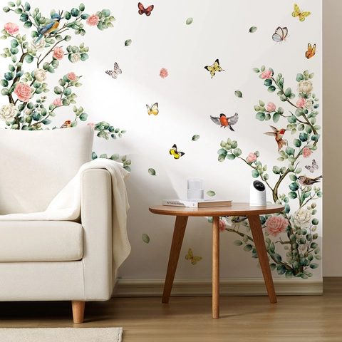 Wall Stickers PVC Removable Waterproof Watercolor Flower Bird Butterfly Tree Branch Home Decor Living Room Bedroom