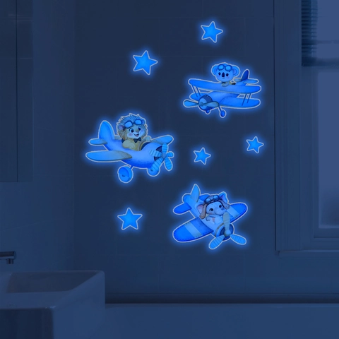 Glow In The Dark Cartoon Animal PVC Wall Stickers Blue Fluorescent Self Adhesive Toilet Stickers Home Background Decoration