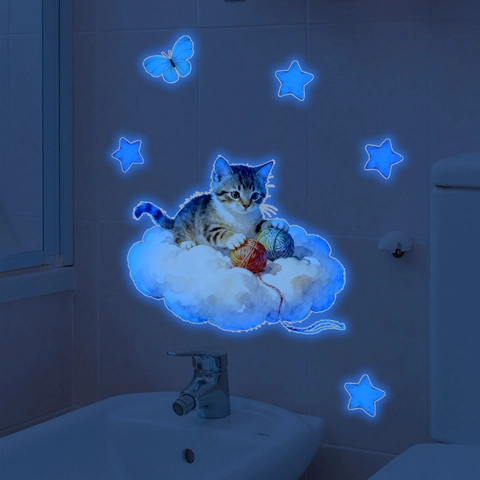 Glow In The Dark Cartoon Animal PVC Wall Stickers Blue Fluorescent Self Adhesive Toilet Stickers Home Background Decoration