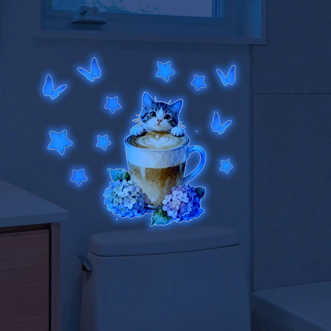 Luminous Blue Cartoon Animal Wall Stickers Glow In The Dark PVC Fluorescent Decals For Kids Bedroom Bathroom Home Decoration