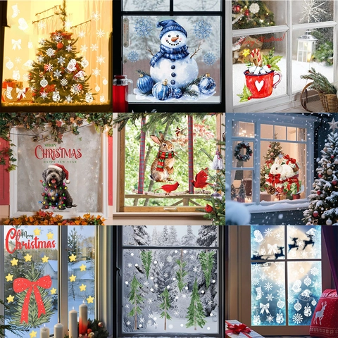 Adesivi per Finestre di Natale Pupazzo di Neve Albero di Natale Animale Decalcomanie Statiche per Finestre in Vetro Decorazione Casa
