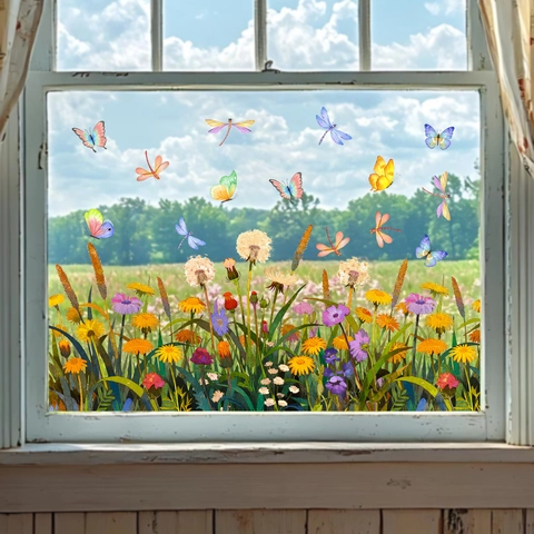Floral Static Window Stickers Tulip Sunflower Butterfly Pattern Removable PVC Decal For Glass Door Home Decoration Living Room Bedroom