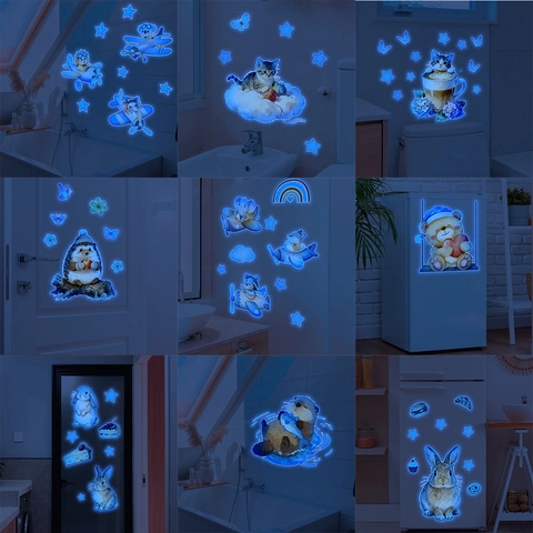 Luminous Blue Cartoon Animal Wall Stickers Glow In The Dark PVC Fluorescent Decals For Kids Bedroom Bathroom Home Decoration
