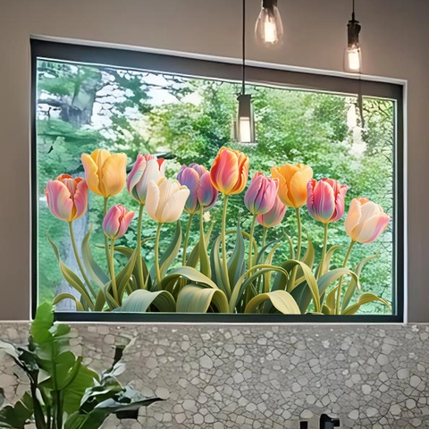 Floral Static Window Stickers Tulip Sunflower Butterfly Pattern Removable PVC Decal For Glass Door Home Decoration Living Room Bedroom