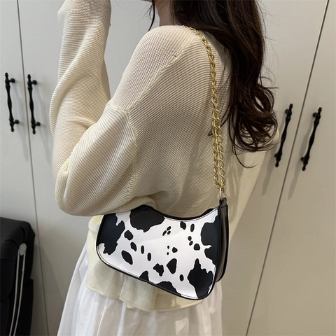 Women's Fashion PU Leather Crescent Hobo Bag With Gold Metal Chain Strap Solid Color Cow Print Underarm Shoulder Bag For Daily Party