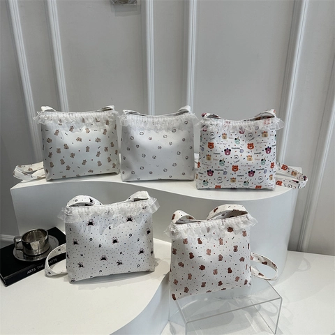 Sac à Bandoulière en Toile Avec Bordure en Dentelle Pour Femmes Ours de Dessin Animé Sac Cabas Mode Sac à Main Décontracté