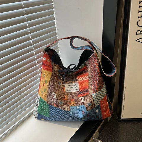 Damen Ethno-Patchwork Denim Tragetasche Bohemian Geometrisches Muster Große Kapazität Schulter Umhängetasche Lässig Handtasche