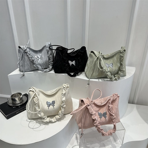 Damen Plissierte Baguette Unterarmtasche Metall Schmetterling Gekräuselte Schulter Tote Bag Für Täglich Street Trend Mode Tasche