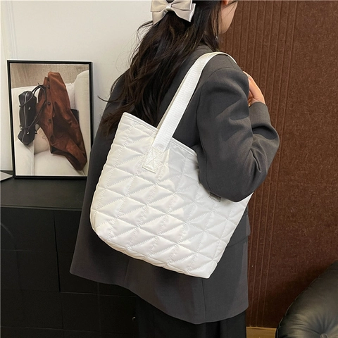 Bolso de Hombro de PU Acolchado de Gran Capacidad con Patrón de Rombos para Mujer Trabajo Diario Compras Moda