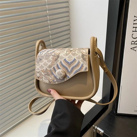 Women New Chinese Style Crossbody Bag PU Leather Vintage Shoulder Bag Traditional Embroidery Flap Jacquard Small Square Handbag