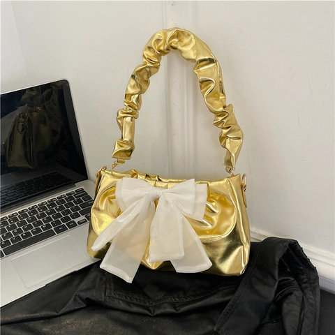 Women Metallic Pleated Armpit Bag With Large Bow Stylish PU Leather Shoulder Bag Gold Silver Pink Black Party Handbag