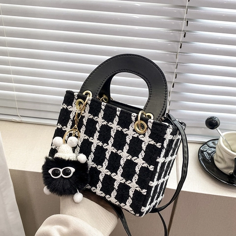 Women Vintage Tweed Plaid Handbag Elegant Top Handle Crossbody Bag With Plush Toy Pendant For Commute Travel Office