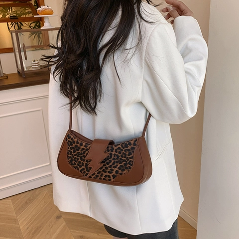 Damen Leopardenmuster PU Leder Achseltasche Spleiß Design Umhängetasche Mit Blitzschnalle Mode Quadratische Tasche Alltag Handtasche