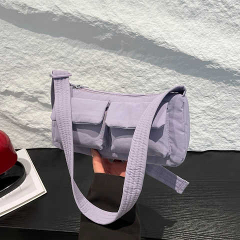 Women Casual Nylon Crossbody Bag Solid Color Lightweight Utility Underarm Shoulder Bag With Double Front Pockets Versatile Travel Commuting Small Square Bag