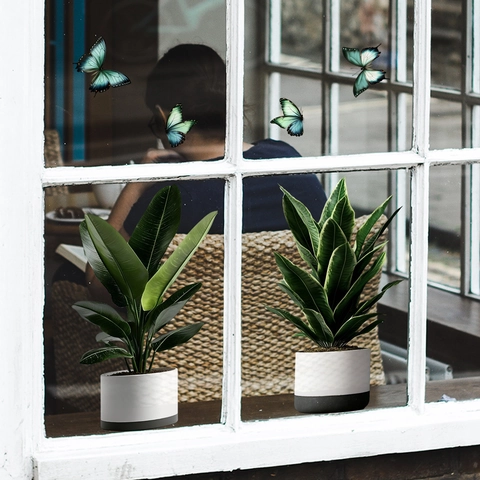 Green Plant Potted Window Stickers Static Cling PVC Butterfly Hummingbird Decals Waterproof Double Sided Home Decor Removable