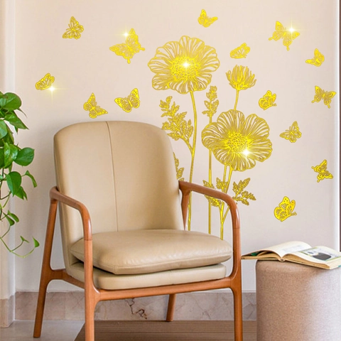 Autocollants Muraux Fleurs Papillons Dorés Bronzage PVC Texture Métallique Décorations Florales Pour Chambre Salon