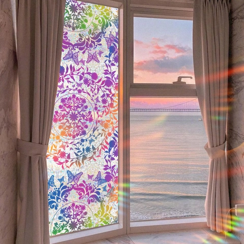 Rainbow Mandala Suncatcher Window Film Static Cling Privacy Glass Sticker Butterfly Pattern PVC Decorative Home Decal