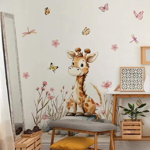 Cartoon Giraffe Wandtattoo Schmetterlinge Blumen PVC Selbstklebend Abnehmbar Aquarell Stil Kinderzimmer Dekoration