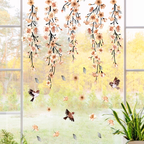 Creative Flower Branch Bird Static Cling Window Sticker Double Sided Visible Removable Glass Decal Floral Pattern Home Decor