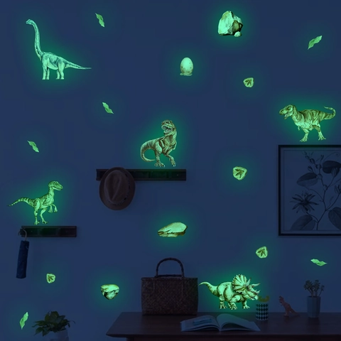 Pegatinas De Pared De Dinosaurios Luminosos Brilla En La Oscuridad Dibujos Animados Animales Acuarela Para Cuarto Niños Decor