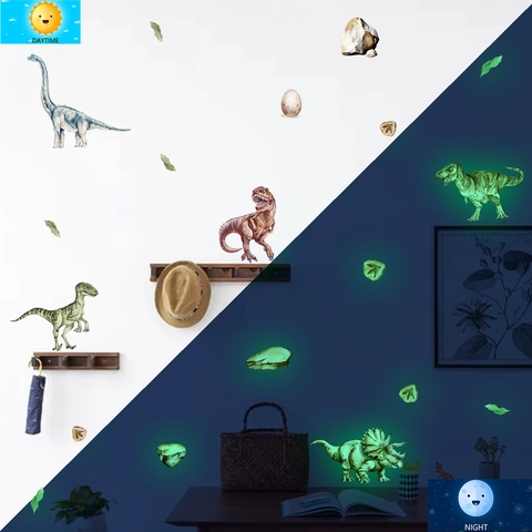 Pegatinas De Pared De Dinosaurios Luminosos Brilla En La Oscuridad Dibujos Animados Animales Acuarela Para Cuarto Niños Decor