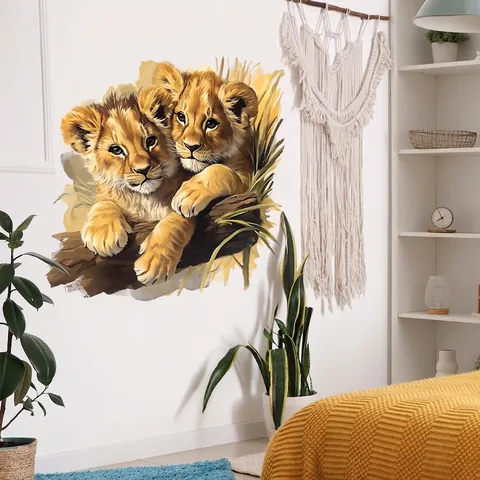 Autocollants Muraux Deux Petits Lions Peints À La Main PVC Auto-adhésif Amovible Imperméable Peinture Murale Pour Chambre D'enfant