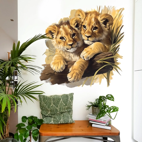 Autocollants Muraux Deux Petits Lions Peints À La Main PVC Auto-adhésif Amovible Imperméable Peinture Murale Pour Chambre D'enfant
