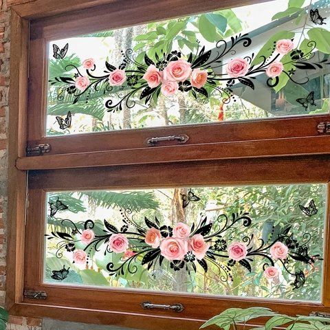 Roze Roos Bloem Venstersticker Zwarte Wijnstok Vlinder Statische Kleving Dubbelzijdig Verwijderbaar PVC Glas Decoratie Huis