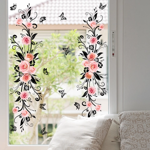 Roze Roos Bloem Venstersticker Zwarte Wijnstok Vlinder Statische Kleving Dubbelzijdig Verwijderbaar PVC Glas Decoratie Huis