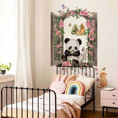 3D Window View Panda Wall Sticker With Pink Rose Floral Vine Cute Cat Rabbit PVC Removable Home Decor For Kids Room