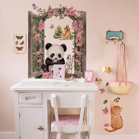 3D Window View Panda Wall Sticker With Pink Rose Floral Vine Cute Cat Rabbit PVC Removable Home Decor For Kids Room