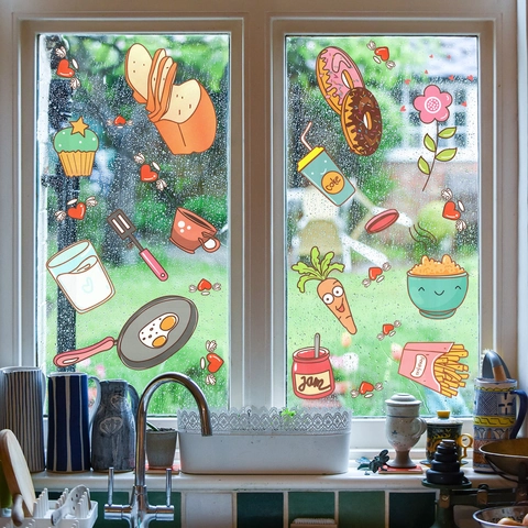 Pegatinas de Ventana de Comida de Dibujos Animados Creativos Pan Papas Fritas Estática PVC Calcomanías Decorativas Cocina