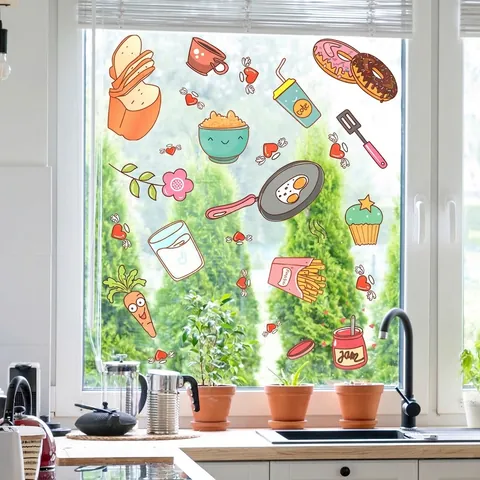 Pegatinas de Ventana de Comida de Dibujos Animados Creativos Pan Papas Fritas Estática PVC Calcomanías Decorativas Cocina