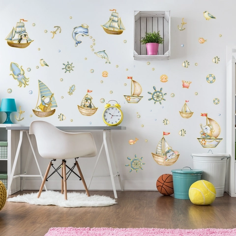 Stickers Muraux Animaux Nautiques Voilier PVC Imperméable Éléphant Pingouin Dauphin Décoration Maison Chambre Enfant