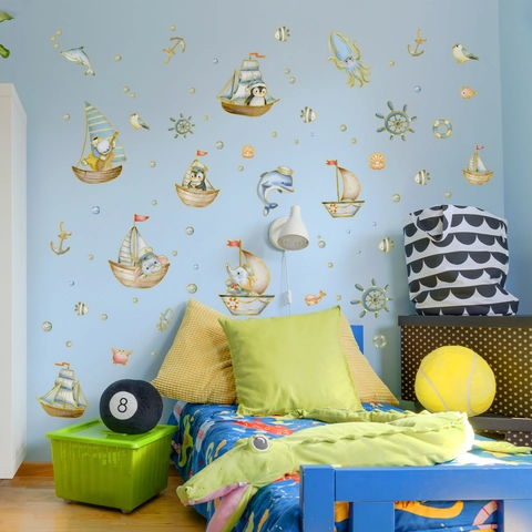 Stickers Muraux Animaux Nautiques Voilier PVC Imperméable Éléphant Pingouin Dauphin Décoration Maison Chambre Enfant