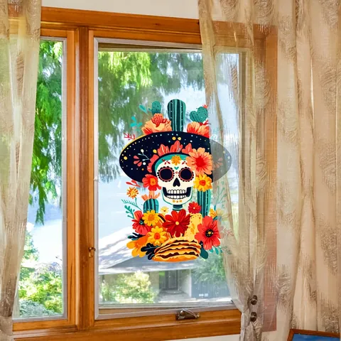 Tag Der Toten Fensteraufkleber Statische Adsorption PVC Doppelseitig Bunt Totenkopf Calavera Sombrero Dekor