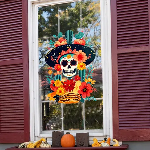 Tag Der Toten Fensteraufkleber Statische Adsorption PVC Doppelseitig Bunt Totenkopf Calavera Sombrero Dekor