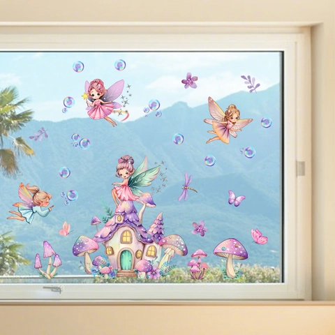 Fairy Mushroom House Window Stickers Static Cling PVC Double Sided Dreamy Cartoon Decals For Kids Room Nursery Decor
