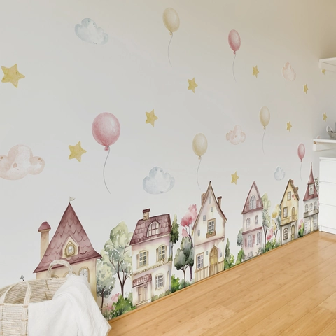 Stickers Muraux Maison Ballon Dessin Animé Aquarelle PVC Autocollant Amovible Décoration Pour Chambre D'enfant