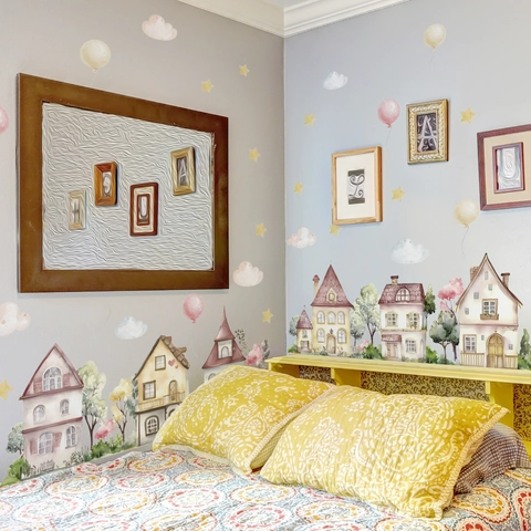 Stickers Muraux Maison Ballon Dessin Animé Aquarelle PVC Autocollant Amovible Décoration Pour Chambre D'enfant