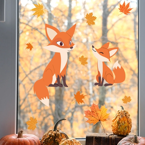 Cartoon Fuchs Ahornblatt Fensteraufkleber Statische Haftung PVC Doppelseitig Abnehmbar Herbst Haus Glas Deko Süßes Tier Muster