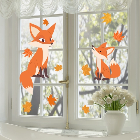 Cartoon Fuchs Ahornblatt Fensteraufkleber Statische Haftung PVC Doppelseitig Abnehmbar Herbst Haus Glas Deko Süßes Tier Muster