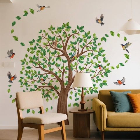 Stickers Muraux PVC Arbres Verts Oiseaux Feuilles Autocollants Amovibles Décoration Salon Chambre Fond Maison Moderne
